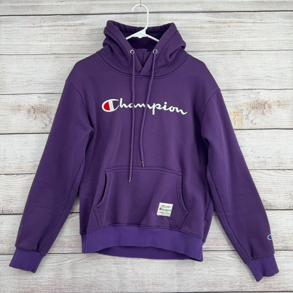 Vintage 90s Champion Pullover Hoodie Men L Purple Script Logo Embroidered Fleece